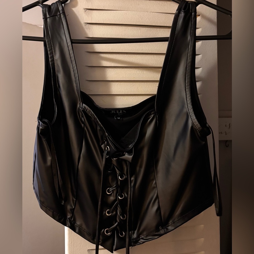 Black Faux Leather Lace-Up Crop Top